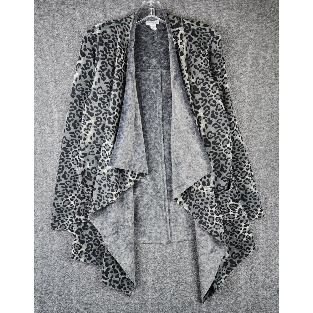 Zenergy Cardigan Womens 1 Leopard Print Grey Metallic Open Front Draped EUC